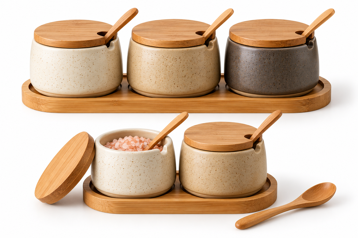 Speckled Ceramic Spice Jars with Bamboo Tray